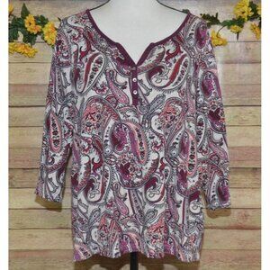Croft & Barrow T-Shirt Women 1X Paisley Floral V-Neck 3/4 Sleeve Classic Tee